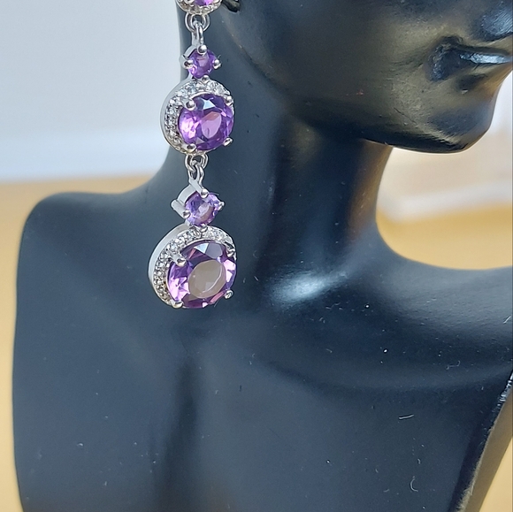 Natural Amethyst 8mm & Cz 925 Sterling Silver Jewelry Earrings - Picture 3 of 7